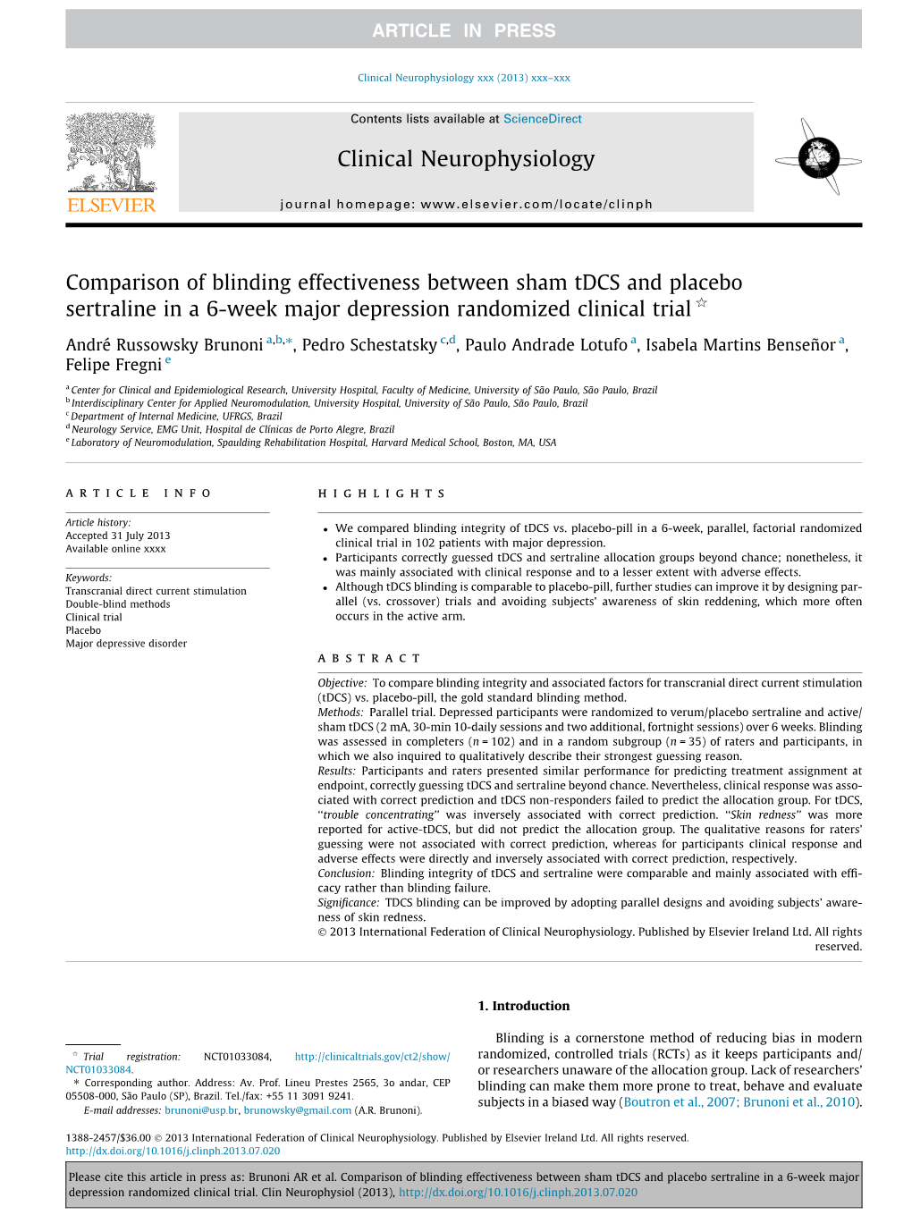 Comparison of Blinding Effectiveness Between Sham Tdcs and Placebo Sertraline in a 6-Week Major Depression Randomized Clinical Trial Q