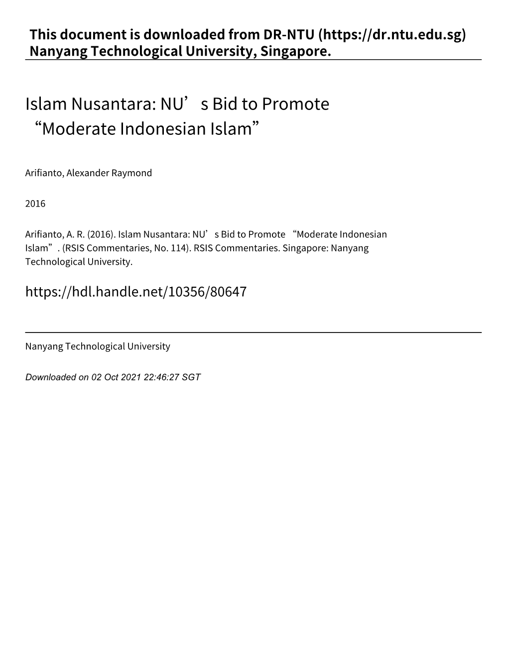 Islam Nusantara: NU’S Bid to Promote “Moderate Indonesian Islam”