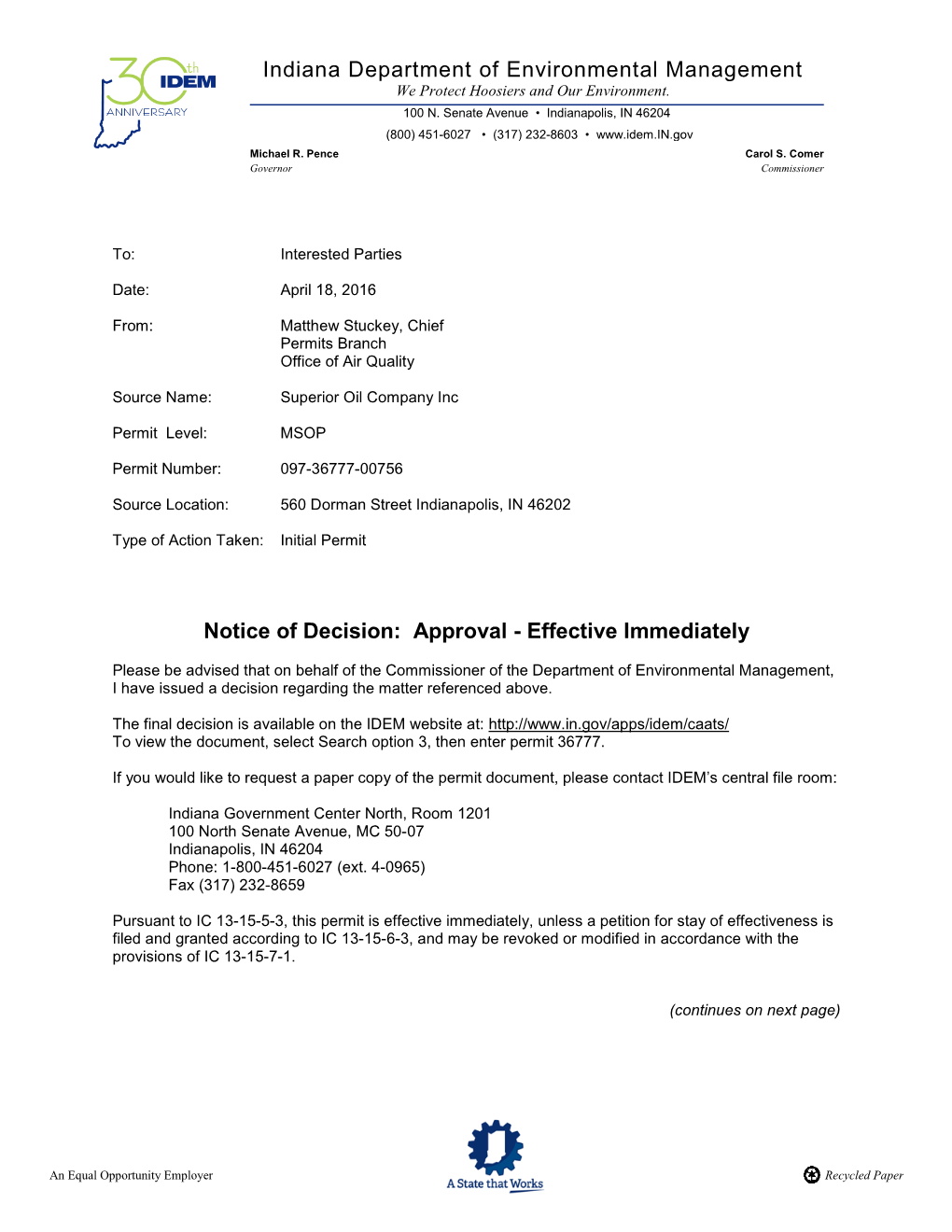Indiana Department of Environmental Management Notice of Decision
