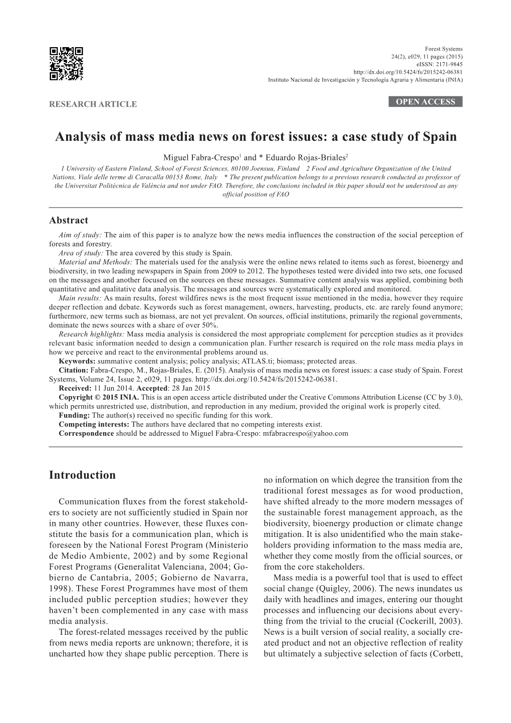 Analysis of Mass Media News on Forest Issues: a Case Study of Spain