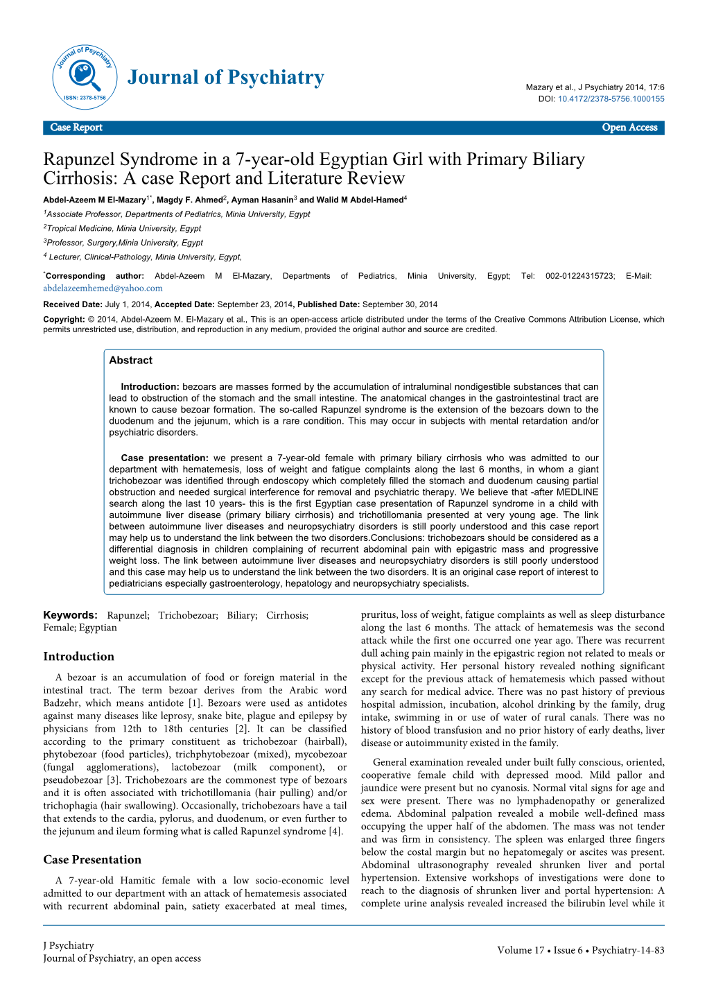 Rapunzel Syndrome in a 7-Year-Old Egyptian Girl with Primary Biliary Cirrhosis: a Case Report and Literature Review