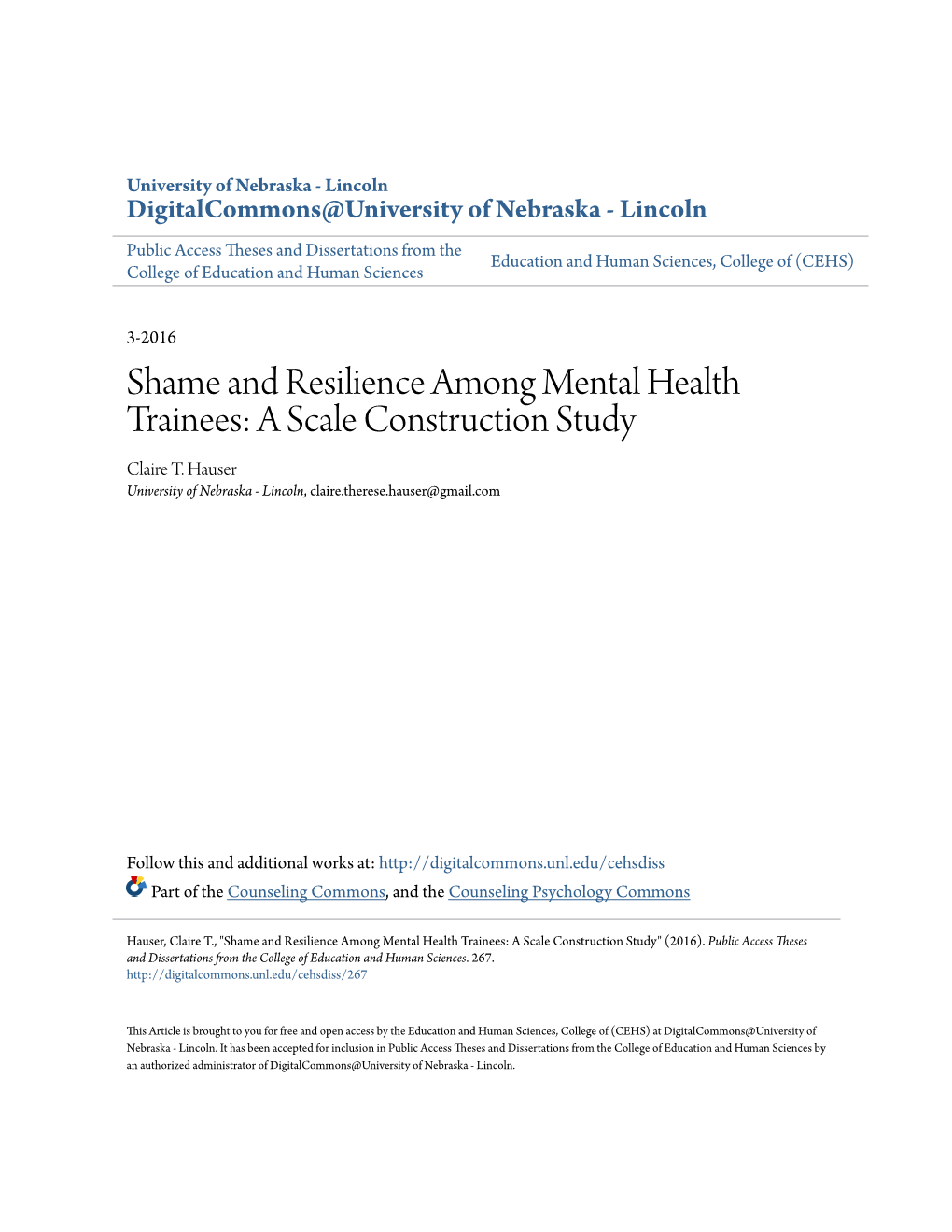 Shame and Resilience Among Mental Health Trainees: a Scale Construction Study Claire T