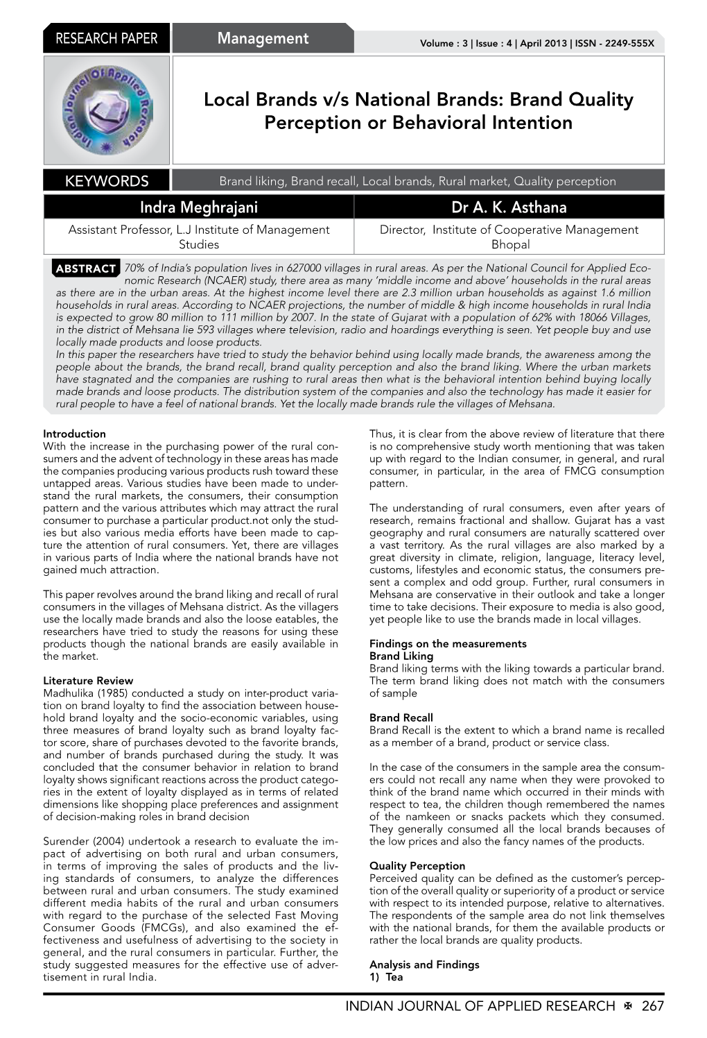 Local Brands V/S National Brands: Brand Quality Perception Or Behavioral Intention