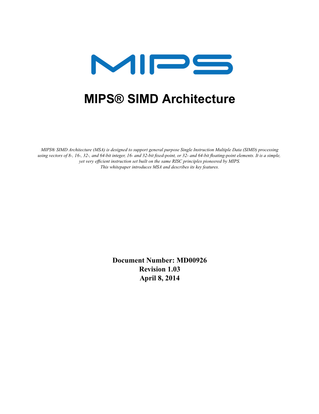 MIPS® SIMD Architecture (MSA)