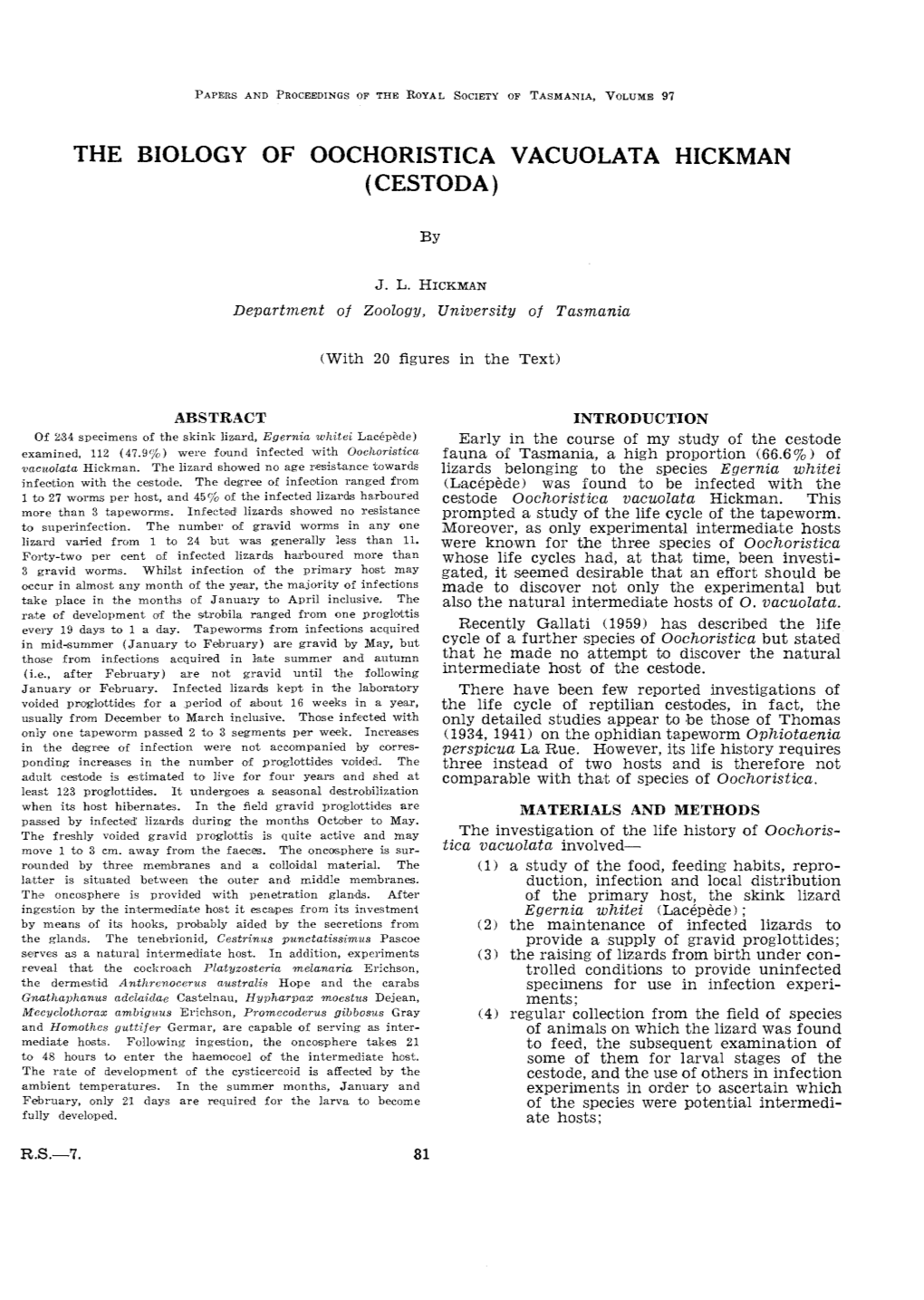 The Biology of Oochoristica Vacuolata Hickman (Cestoda)