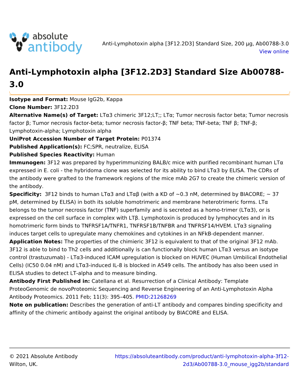 Anti-Lymphotoxin Alpha [3F12.2D3] Standard Size Ab00788- 3.0