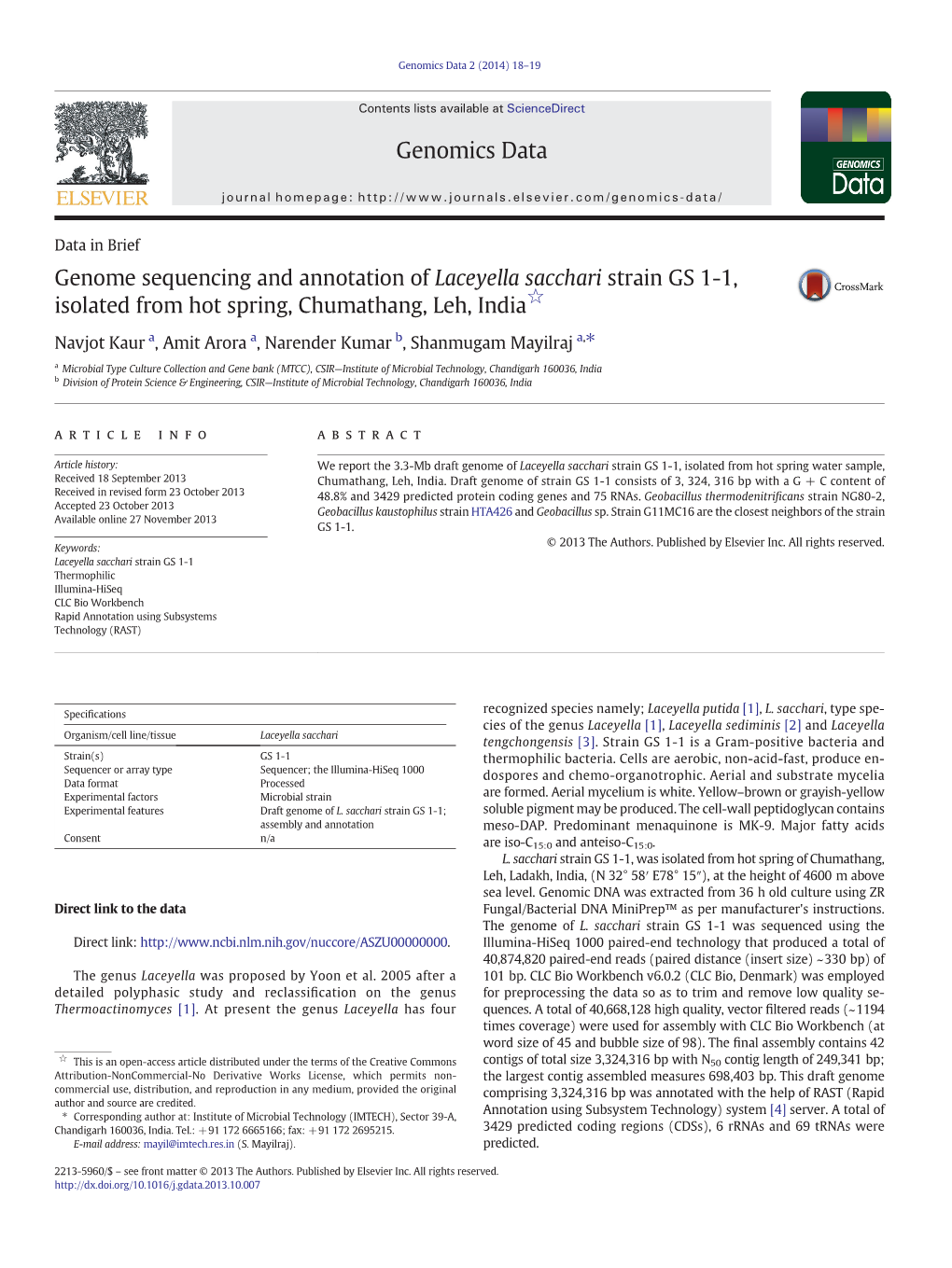 Genome Sequencing and Annotation of Laceyella Sacchari Strain GS 1-1, Isolated from Hot Spring, Chumathang, Leh, India☆