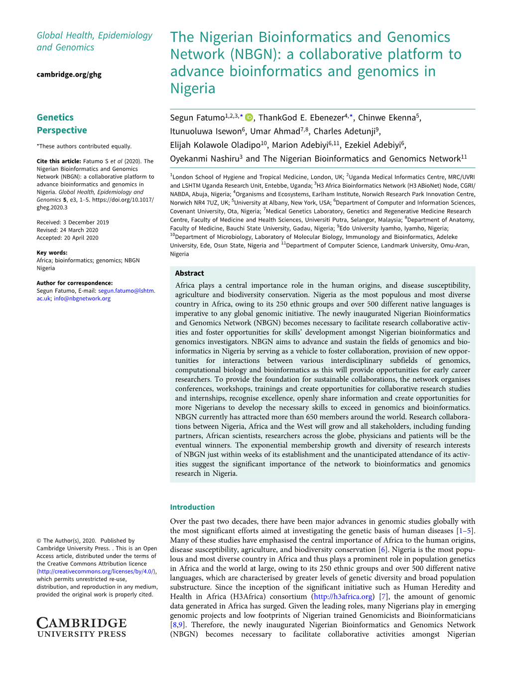 The Nigerian Bioinformatics and Genomics and Genomics Network (NBGN): a Collaborative Platform to Cambridge.Org/Ghg Advance Bioinformatics and Genomics in Nigeria