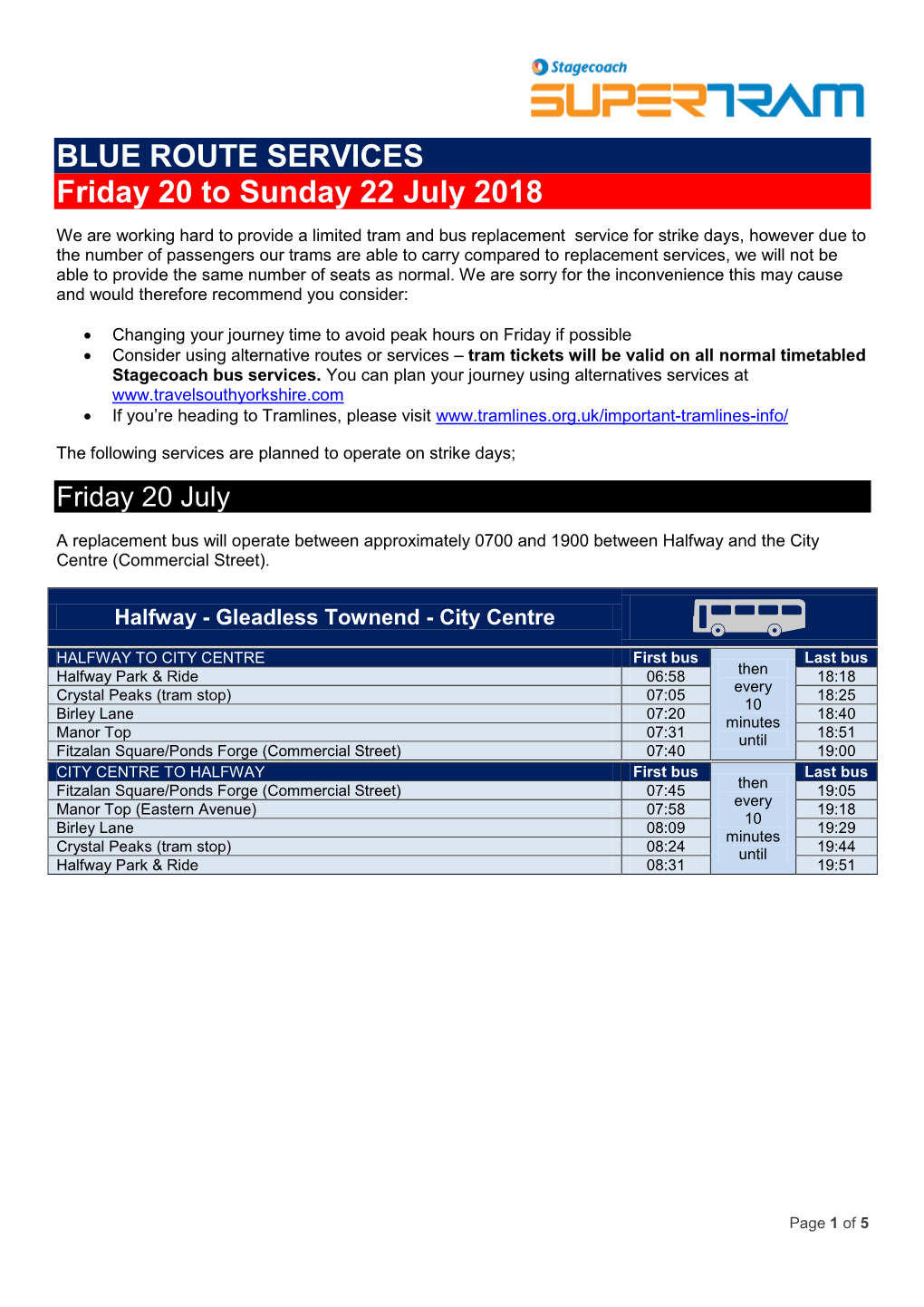 BLUE ROUTE SERVICES Friday 20 to Sunday 22 July 2018