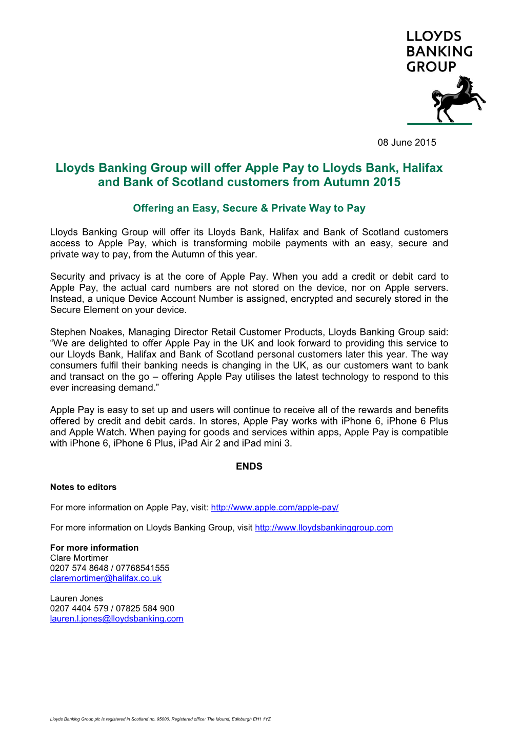 Lloyds Banking Group Will Offer Apple Pay to Lloyds Bank, Halifax and Bank of Scotland Customers from Autumn 2015
