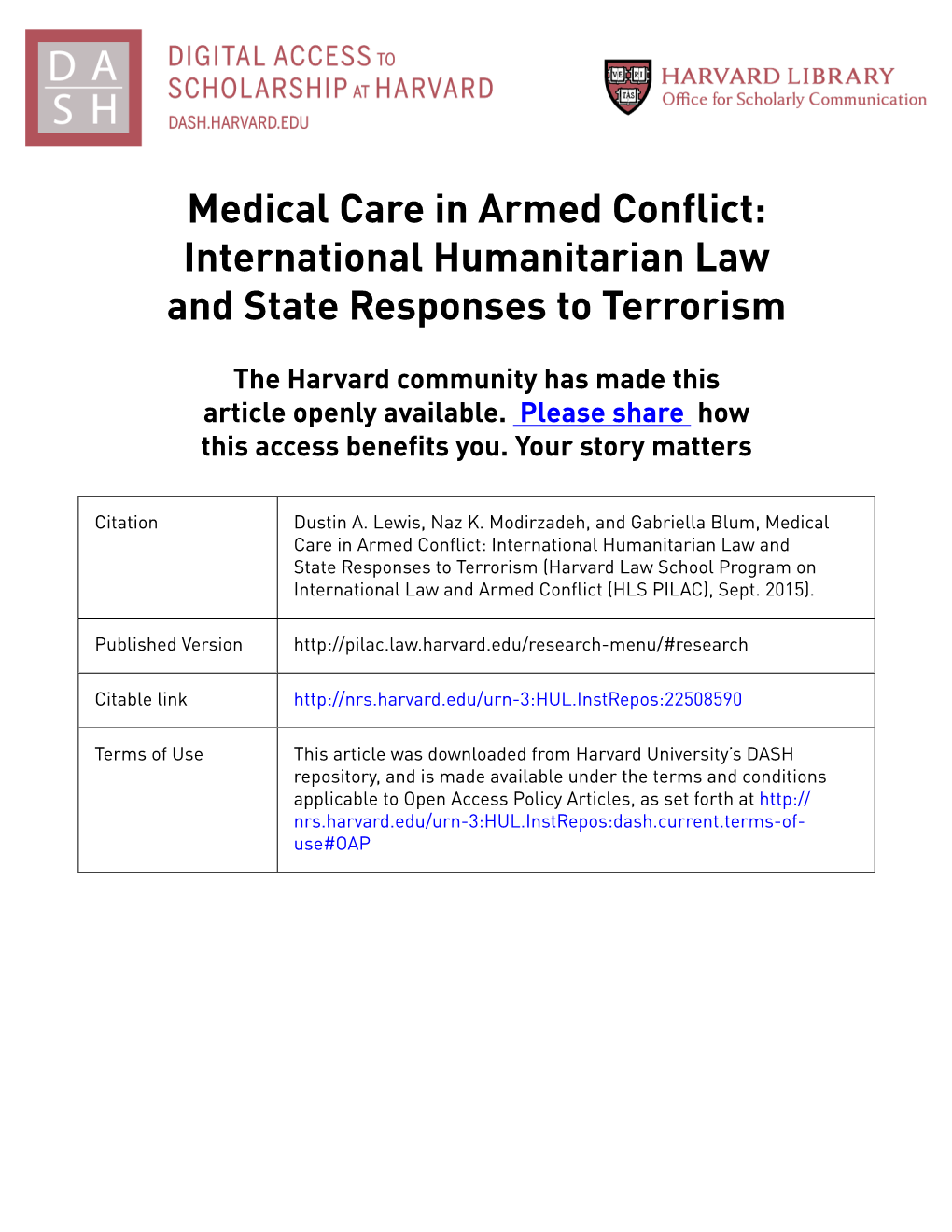 Medical Care in Armed Conflict: International Humanitarian Law and State Responses to Terrorism