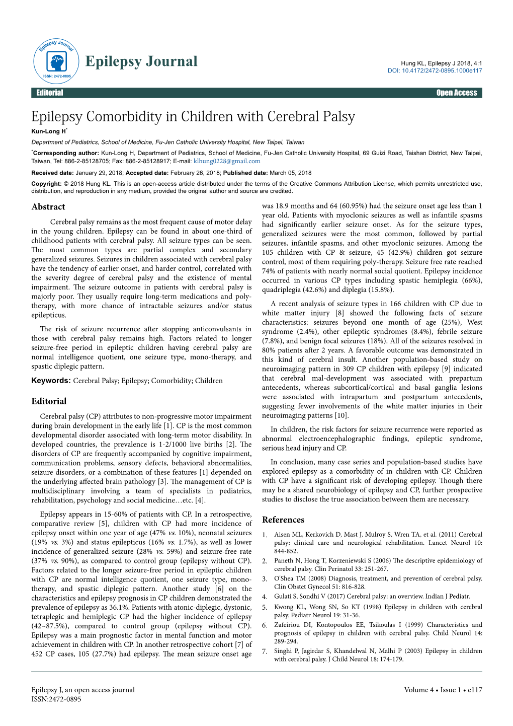 Epilepsy Comorbidity in Children with Cerebral Palsy