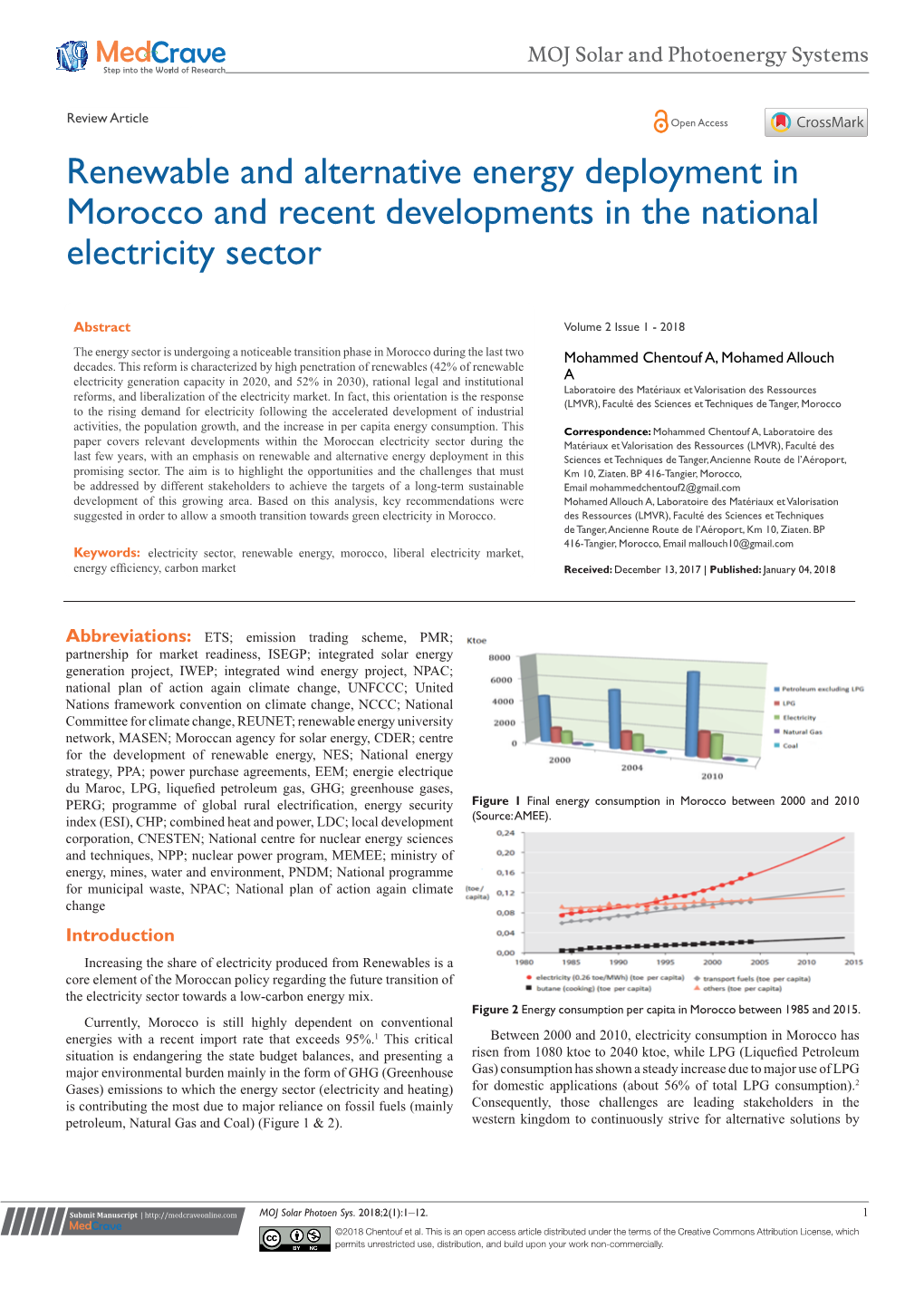 Renewable and Alternative Energy Deployment in Morocco and Recent Developments in the National Electricity Sector