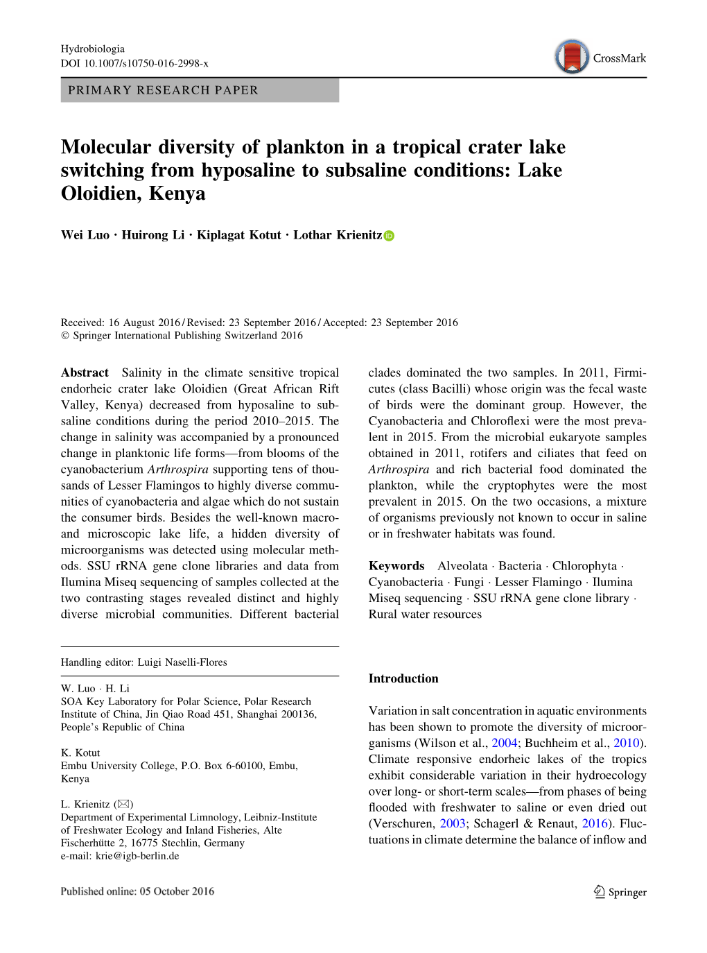 Molecular Diversity of Plankton in a Tropical Crater Lake Switching from Hyposaline to Subsaline Conditions: Lake Oloidien, Kenya