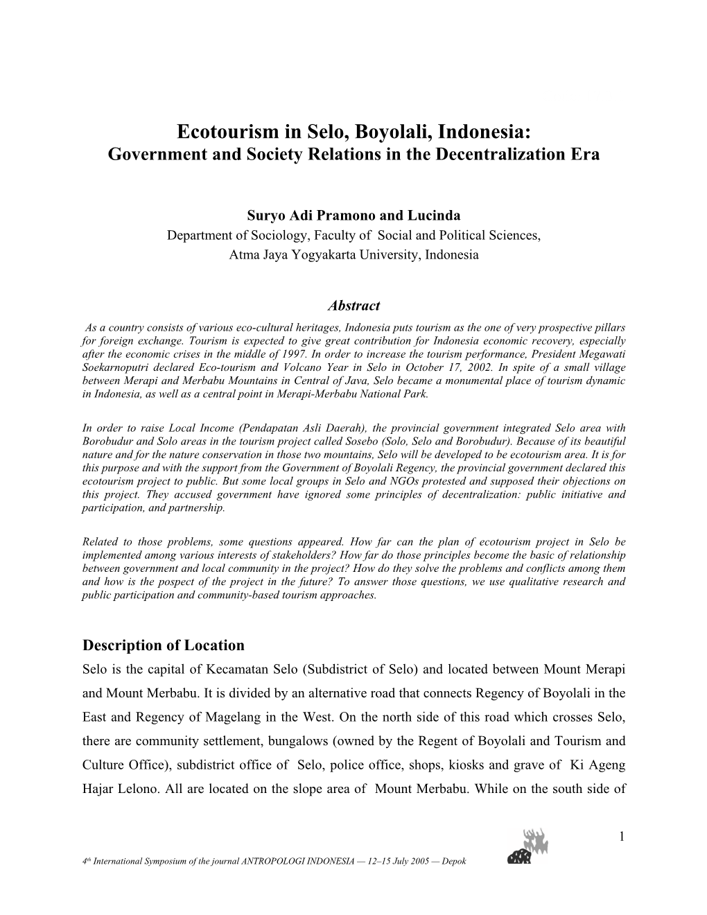 Ecotourism in Selo, Boyolali, Indonesia: Government and Society Relations in the Decentralization Era