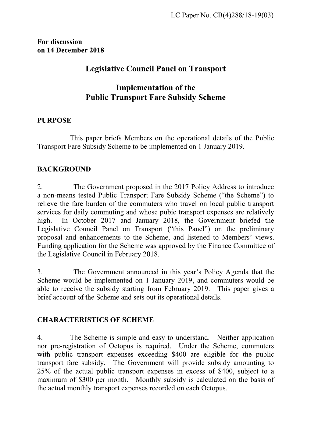 Administration's Paper on Implementation of the Public Transport Fare Subsidy Scheme