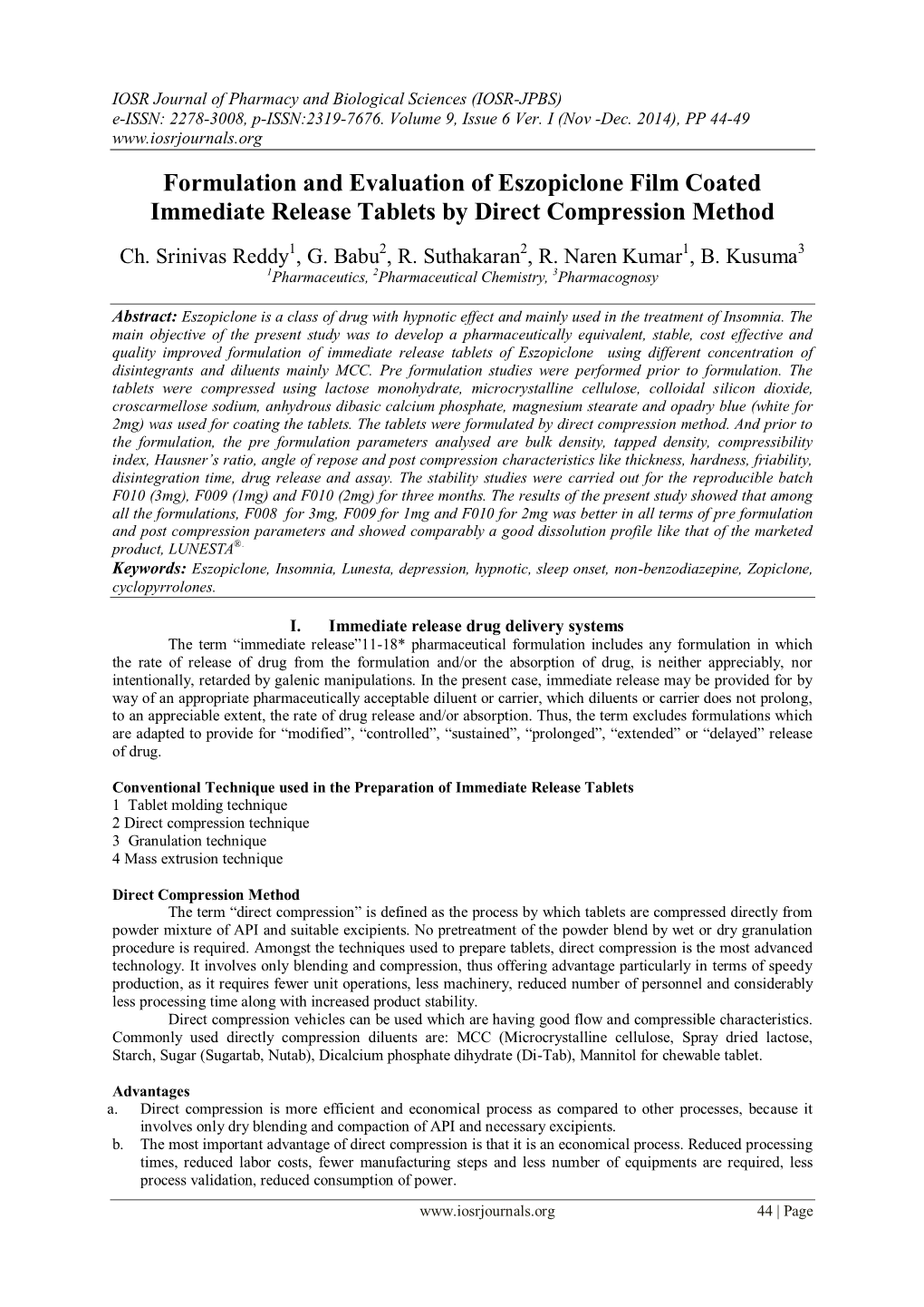 Formulation and Evaluation of Eszopiclone Film Coated Immediate Release Tablets by Direct Compression Method