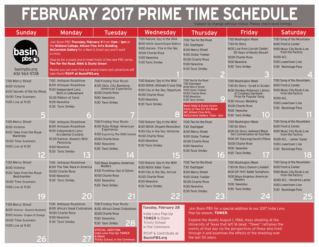 FEBRUARY 2017 PRIME TIME SCHEDULE Subject to Change Without Notice