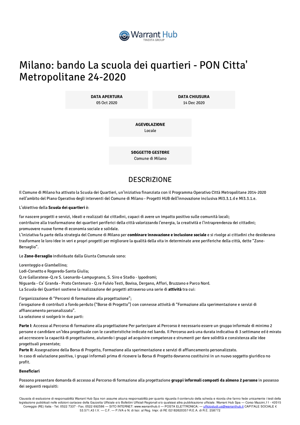 Milano: Bando La Scuola Dei Quartieri - PON Citta' Metropolitane 24-2020