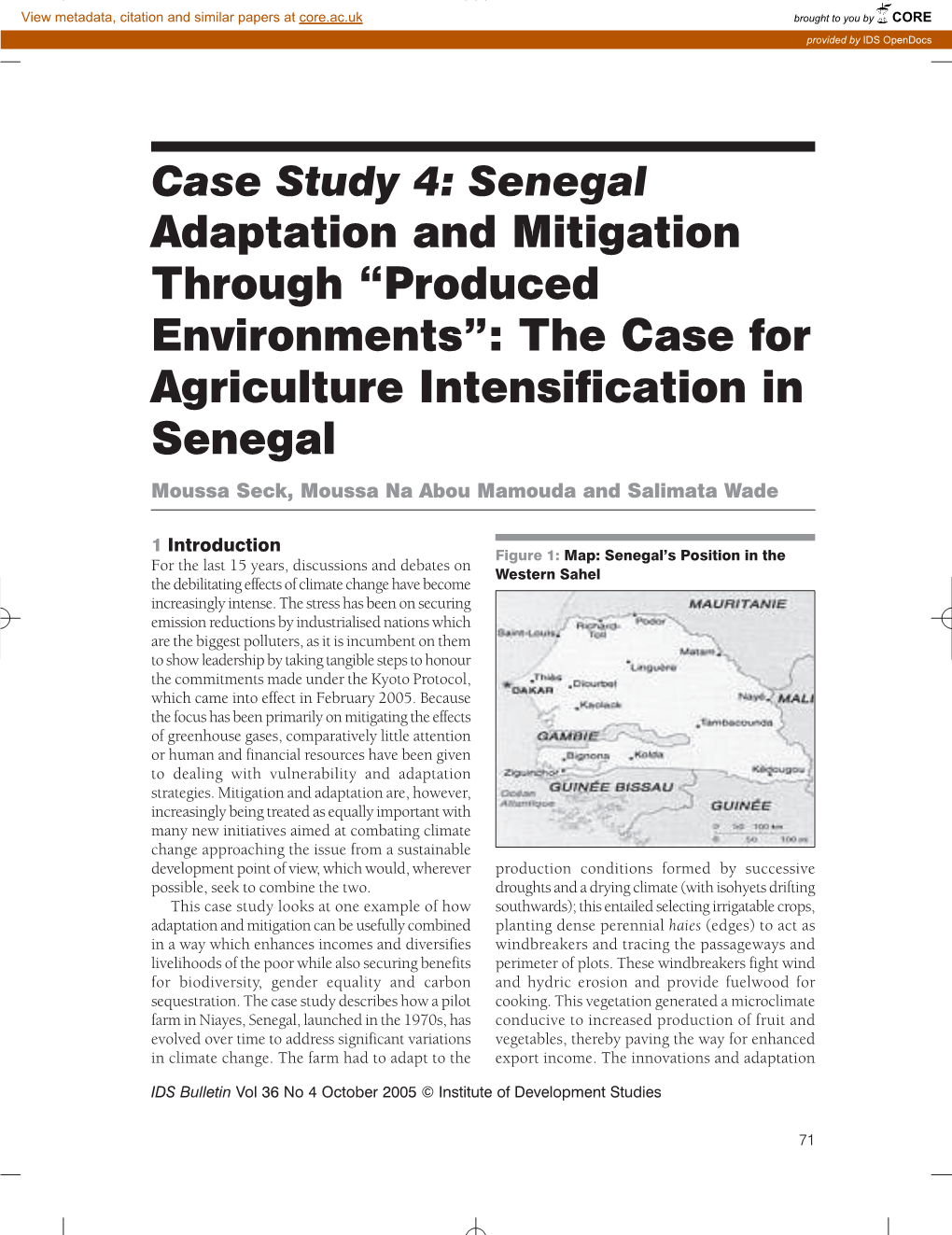 Senegal Adaptation and Mitigation Through “Produced Environments”: the Case for Agriculture Intensification in Senegal