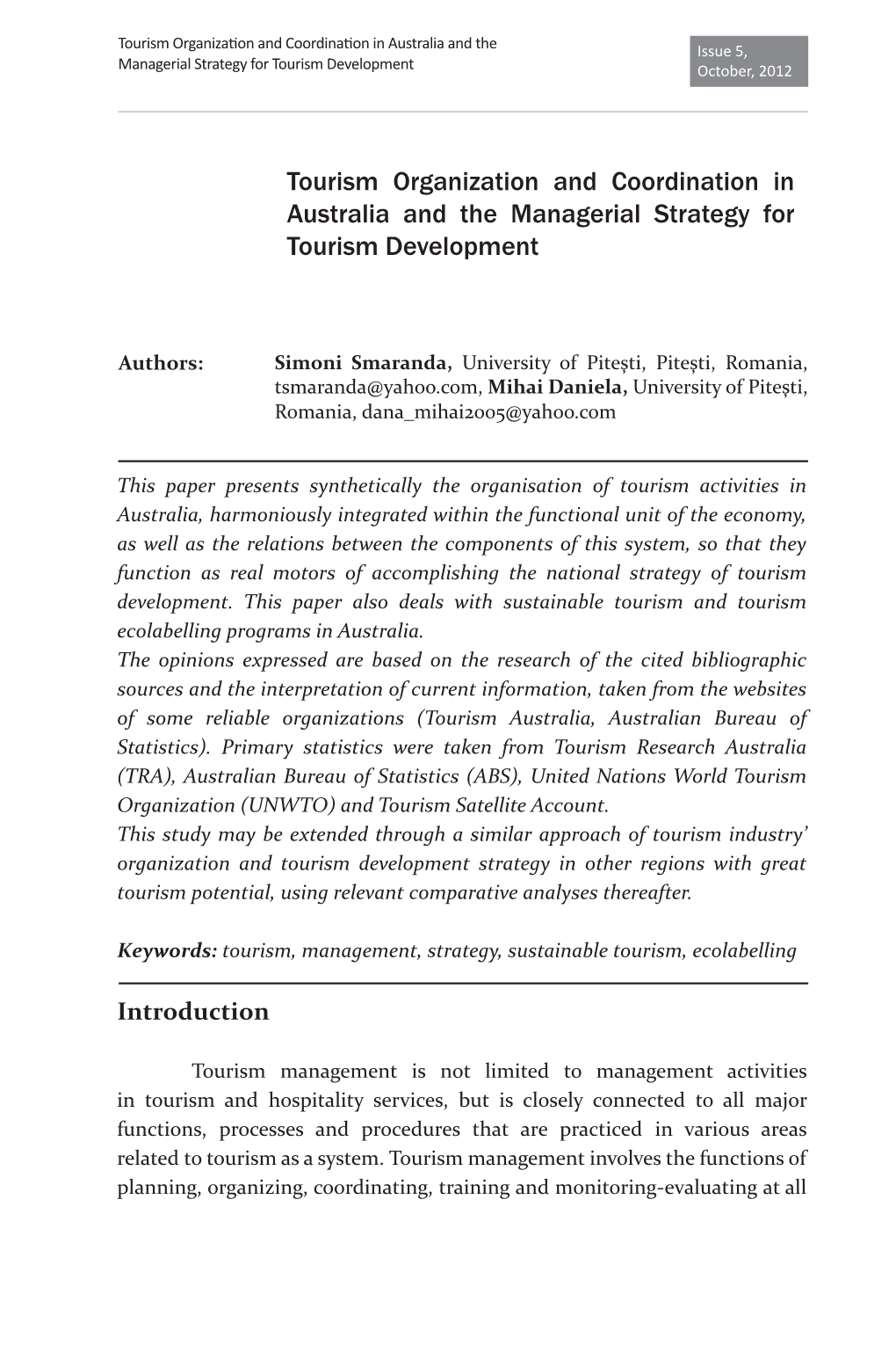 Tourism Organization and Coordination in Australia and the Issue 5, Managerial Strategy for Tourism Development October, 2012