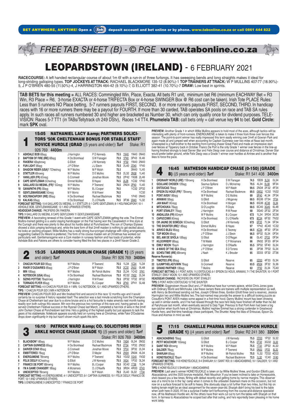 LEOPARDSTOWN (IRELAND) - 6 FEBRUARY 2021 RACECOURSE: a Left Handed Rectangular Course of About 1M 6F with a Run-In of Three Furlongs