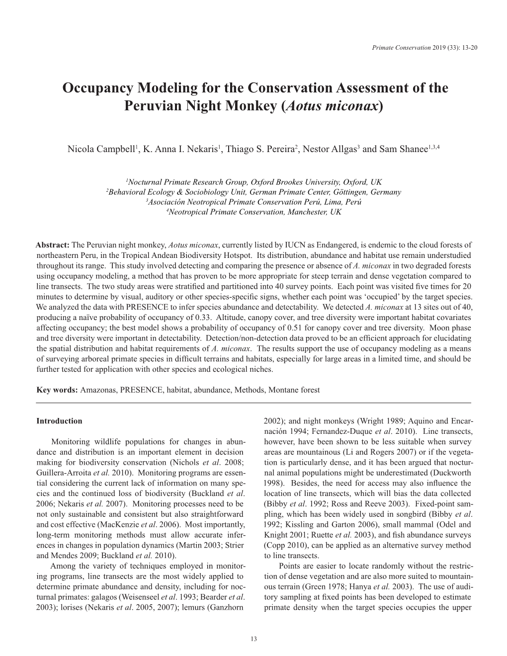 Forest Occupancy Modeling for Aotus Miconax