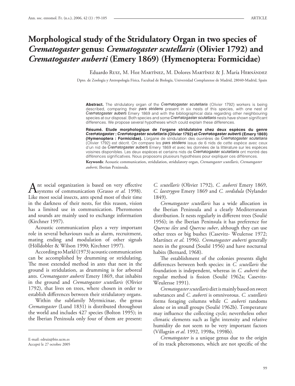 Crematogaster Scutellaris (Olivier 1792) and Crematogaster Auberti (Emery 1869) (Hymenoptera: Formicidae)