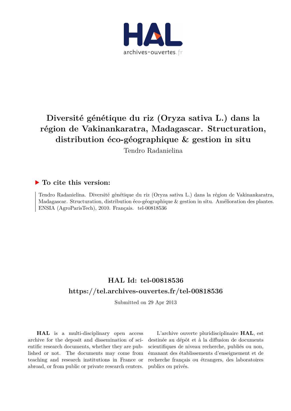 Diversité Génétique Du Riz (Oryza Sativa L.) Dans La Région De Vakinankaratra, Madagascar. Structuration, Distribution Éco