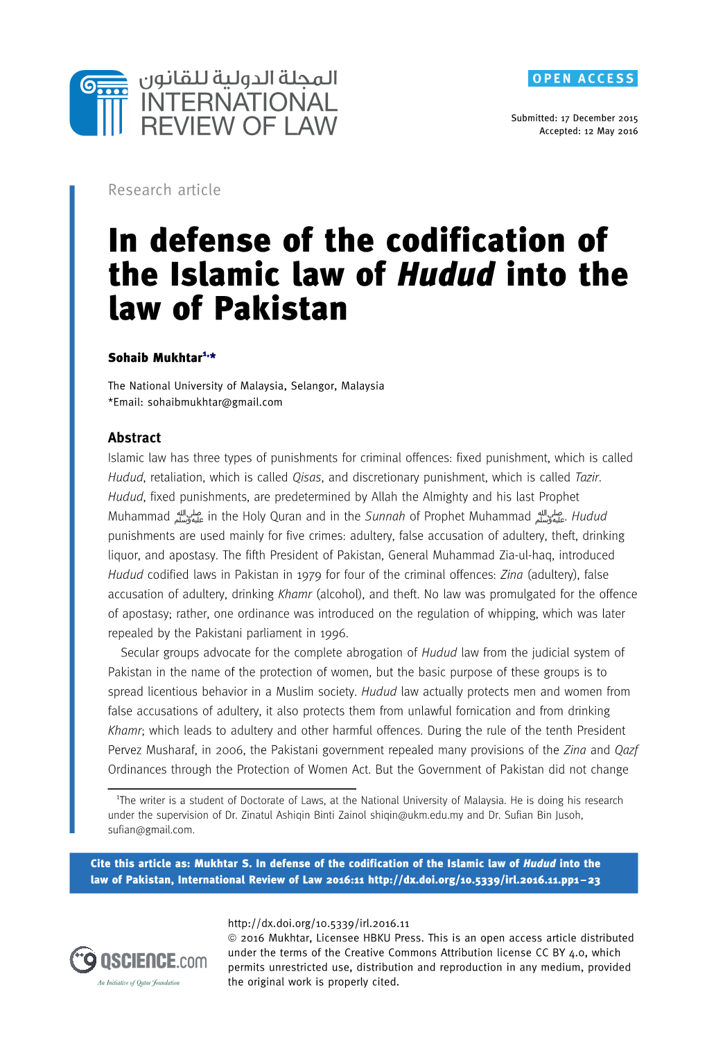 In Defense of the Codification of the Islamic Law of Hudud Into the Law of Pakistan