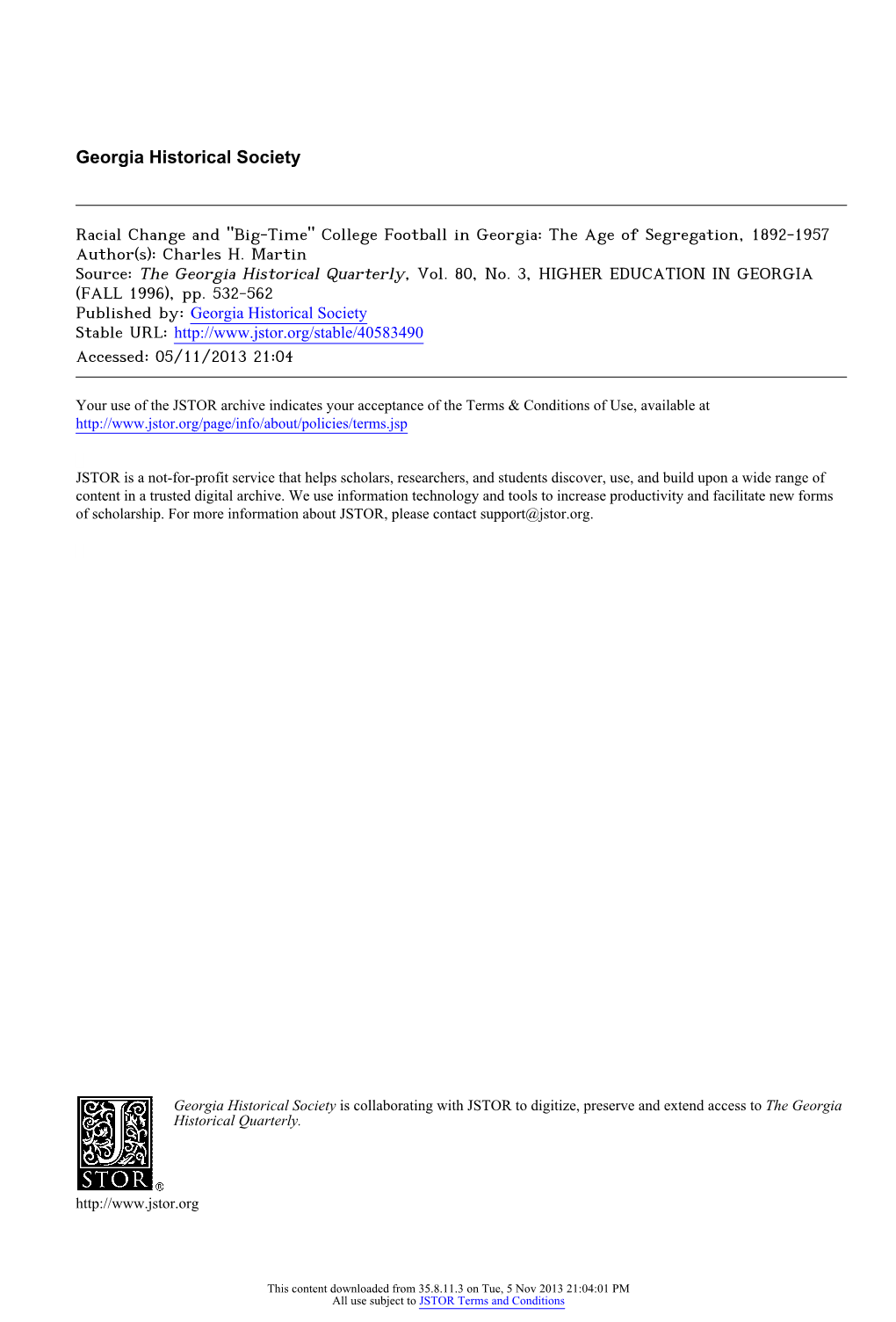 College Football in Georgia: the Age of Segregation, 1892-1957 Author(S): Charles H