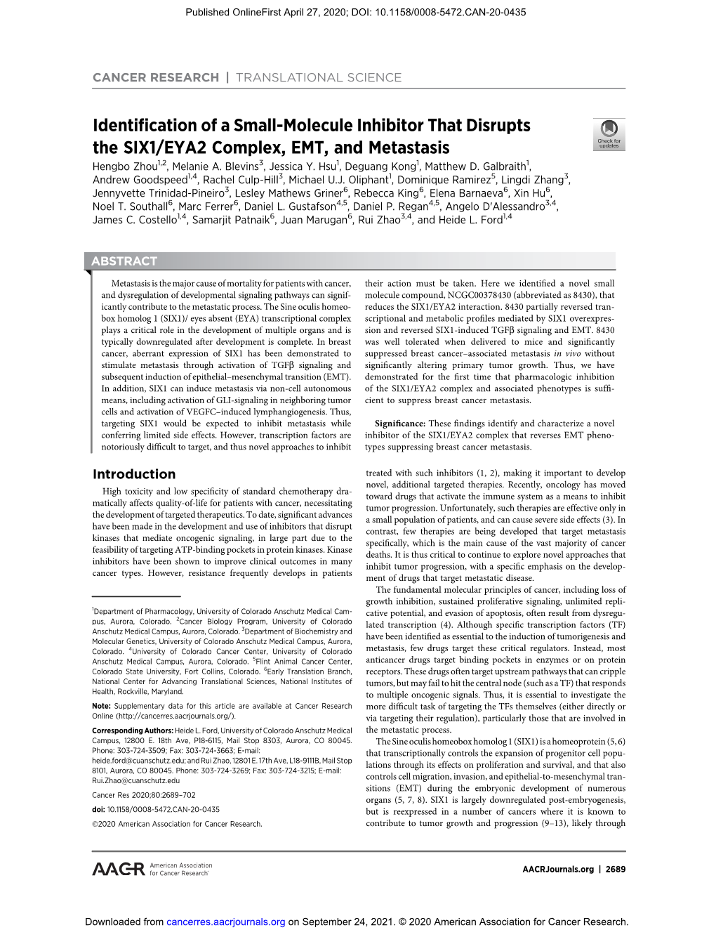 Identification of a Small-Molecule Inhibitor That Disrupts the SIX1/EYA2 Complex, EMT, and Metastasis