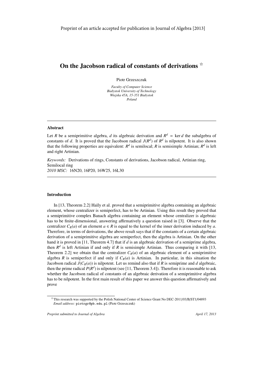 On the Jacobson Radical of Constants of Derivations $