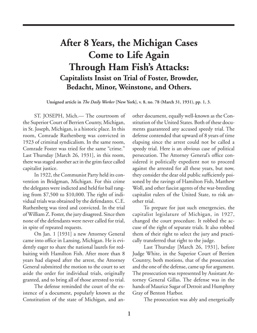 After 8 Years, the Michigan Cases Come to Life Again Through Ham Fish’S Attacks: Capitalists Insist on Trial of Foster, Browder, Bedacht, Minor, Weinstone, and Others