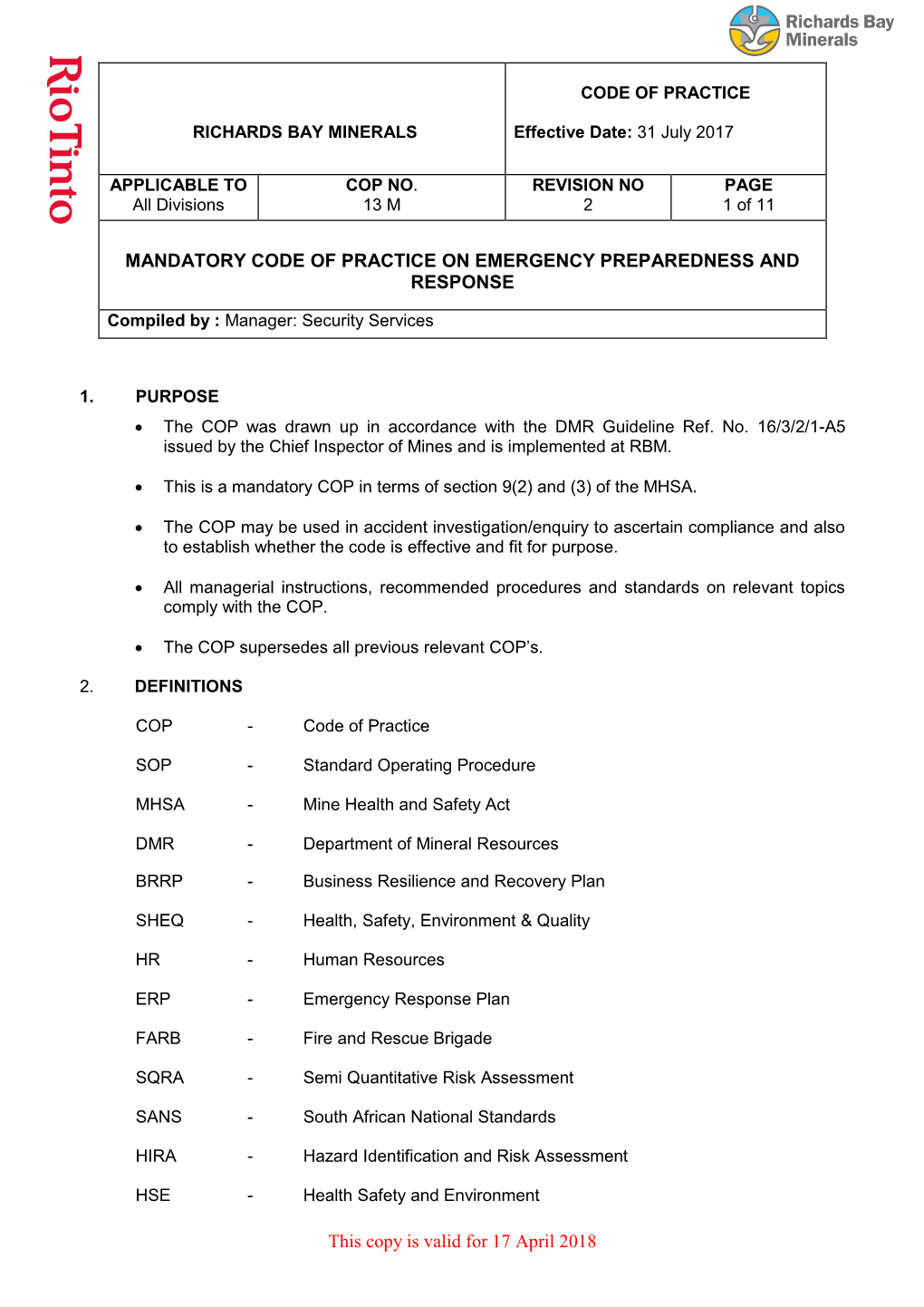 COP 13M Mandatory Code of Practice for Emergency Preparedness And