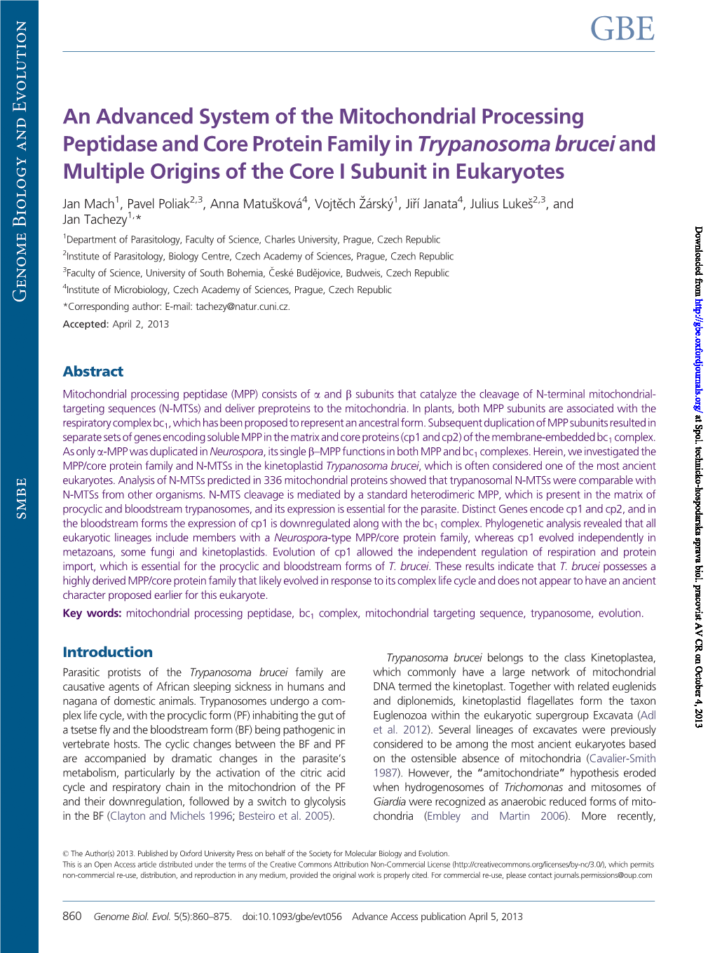 An Advanced System of the Mitochondrial Processing Peptidase and Core Protein Family in Trypanosoma Brucei and Multiple Origins of the Core I Subunit in Eukaryotes