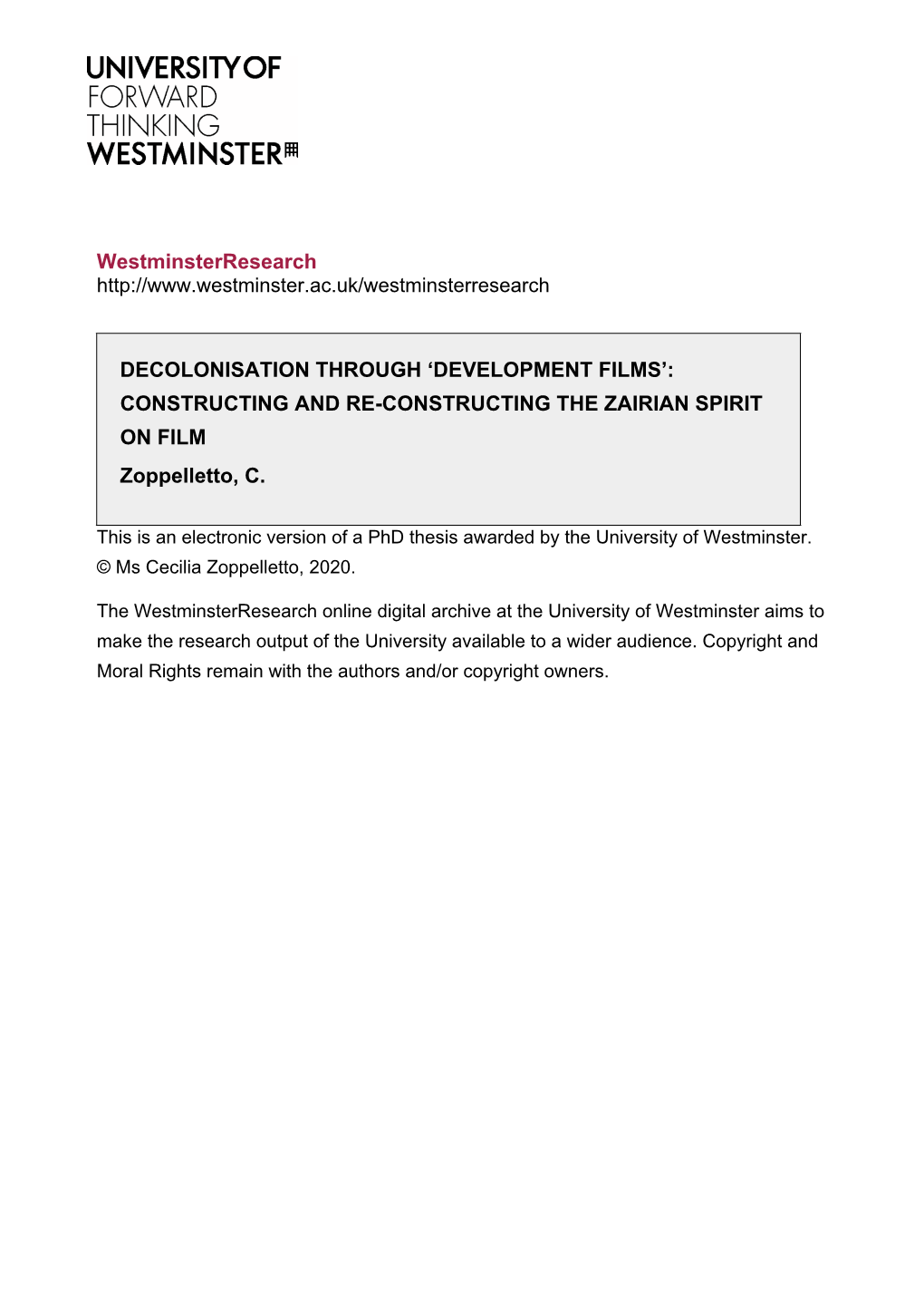 DEVELOPMENT FILMS’: CONSTRUCTING and RE-CONSTRUCTING the ZAIRIAN SPIRIT on FILM Zoppelletto, C