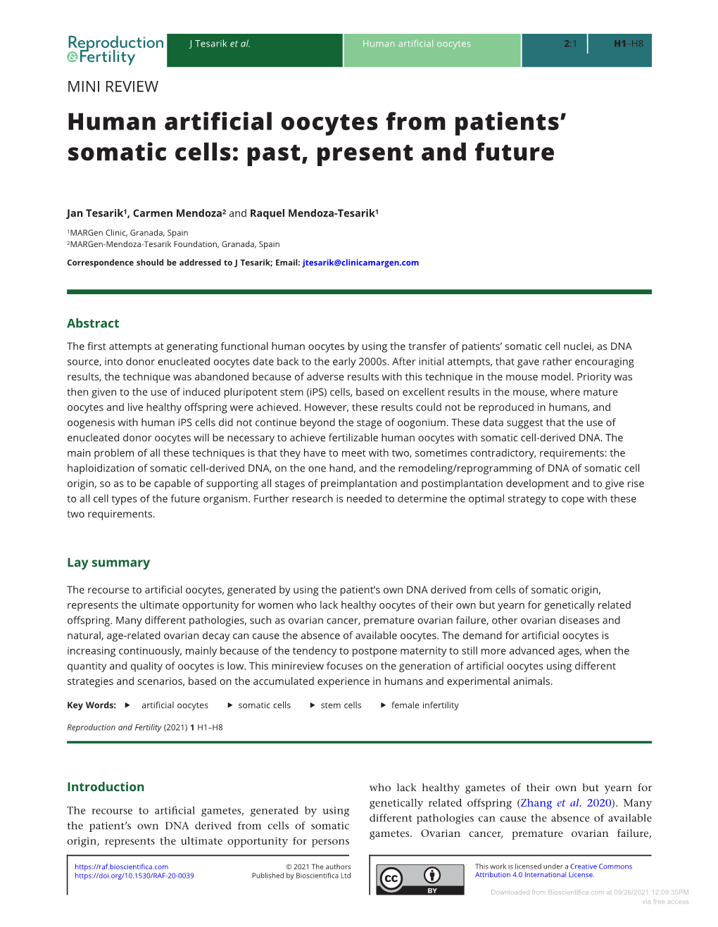 Human Artificial Oocytes from Patients' Somatic Cells: Past, Present and Future