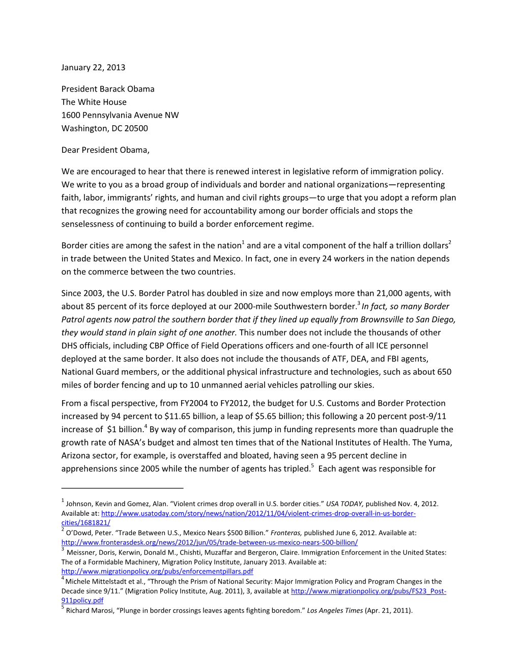 Letter to President Obama on Border Accountability and Policy