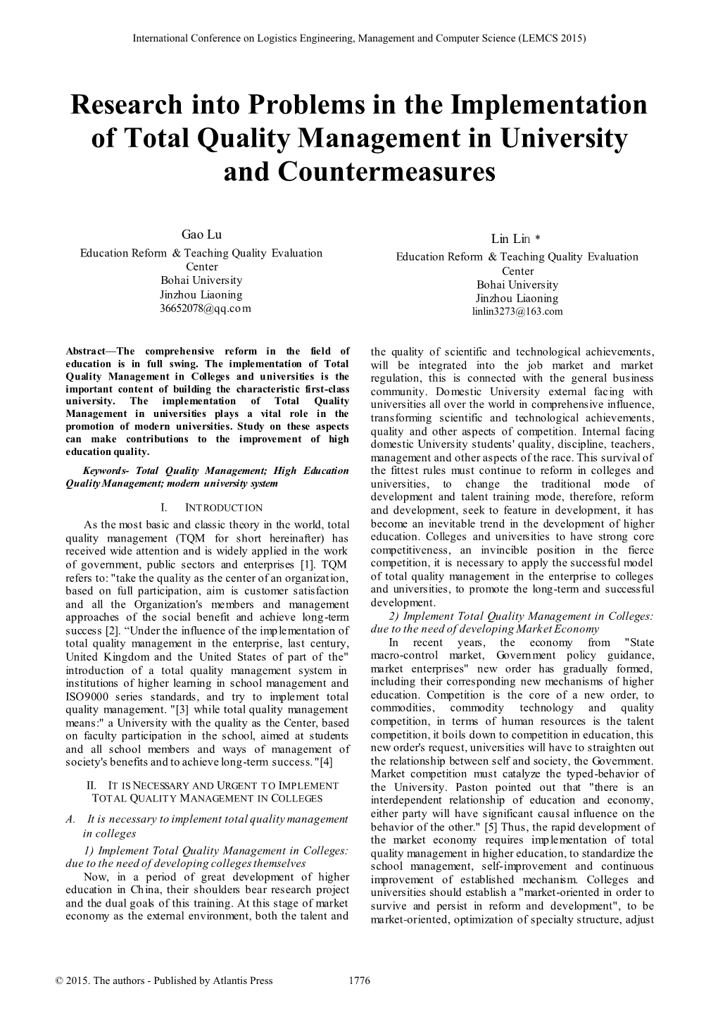 Research Into Problems in the Implementation of Total Quality Management in University and Countermeasures