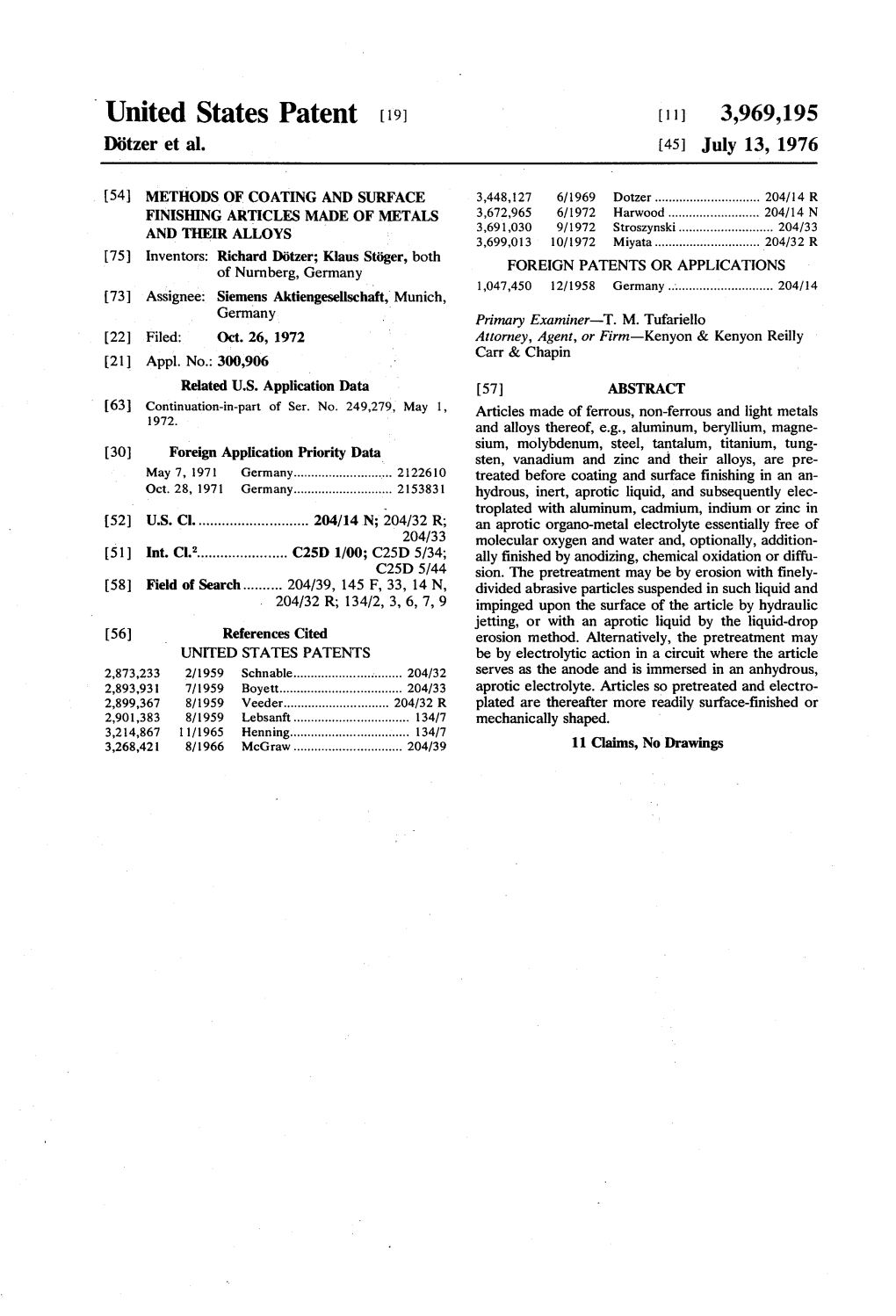 United States Patent (19) 11, 3,969,195 Dötzer Et Al