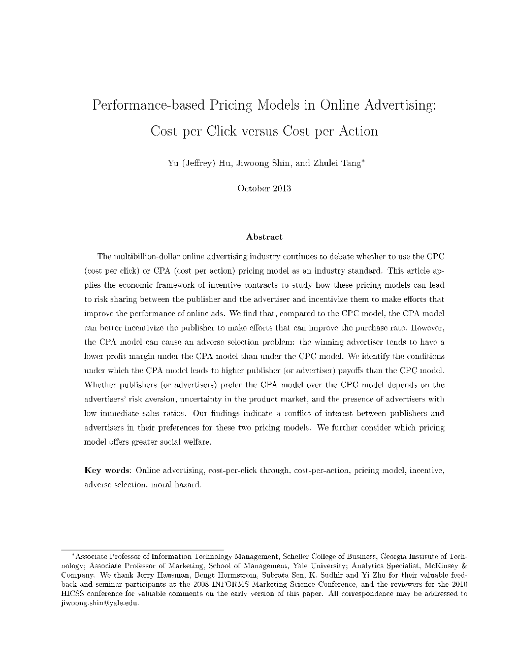 Performance-Based Pricing Models in Online Advertising: Cost Per Click Versus Cost Per Action