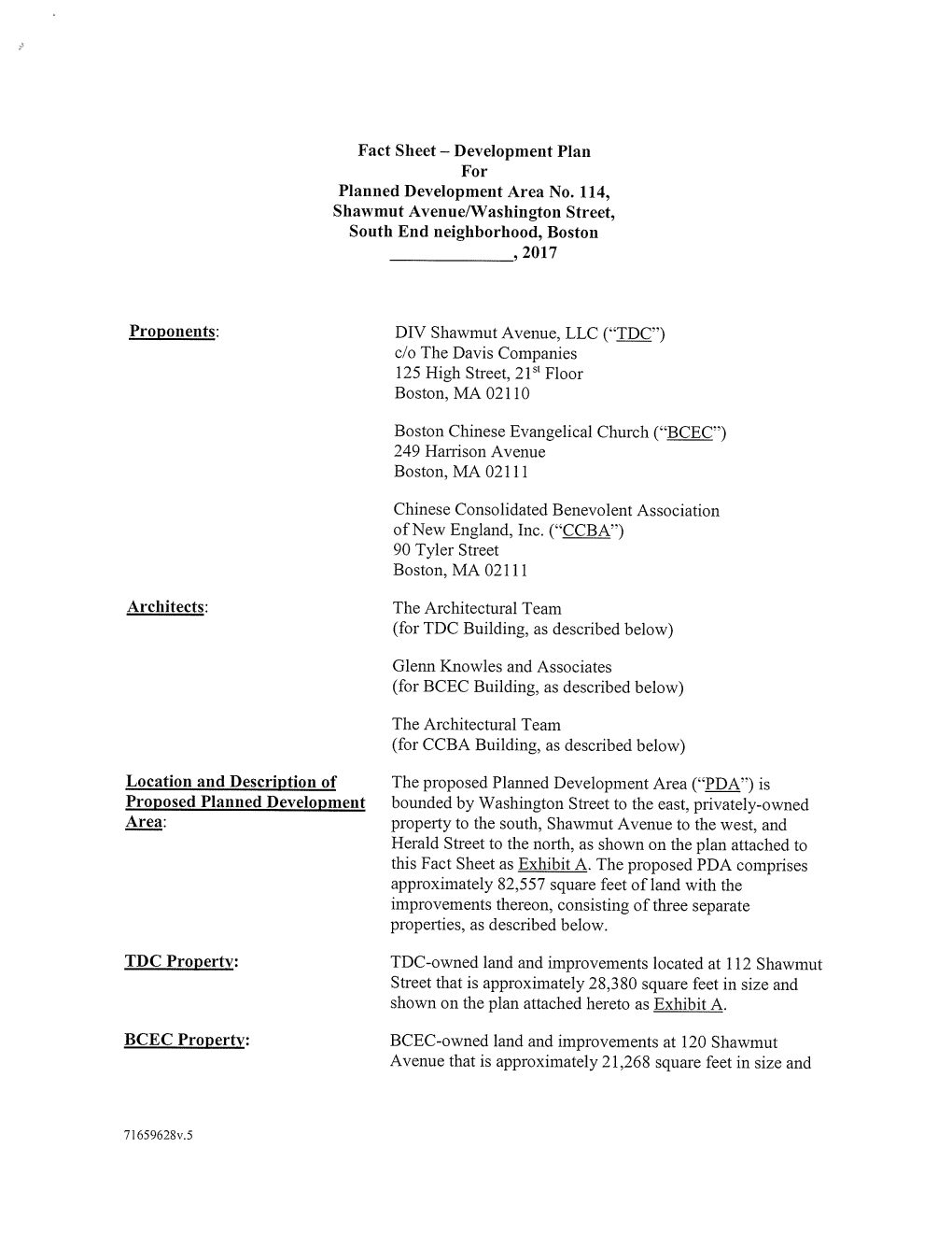 Fact Sheet — Development Plan for Planned Development Area No. 114, Shawmut Avenue/Washington Street, South End Neighborhood, Boston