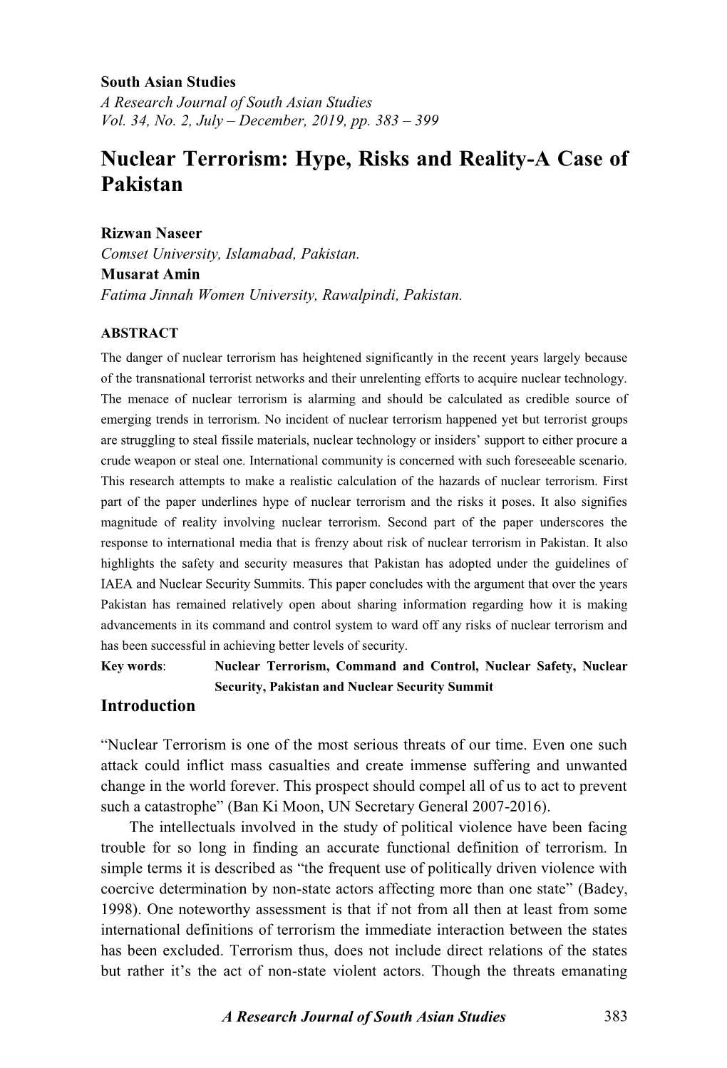 Nuclear Terrorism: Hype, Risks and Reality-A Case of Pakistan