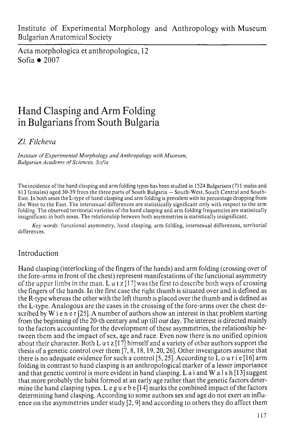 Hand Clasping and Arm Folding in Bulgarians from South Bulgaria