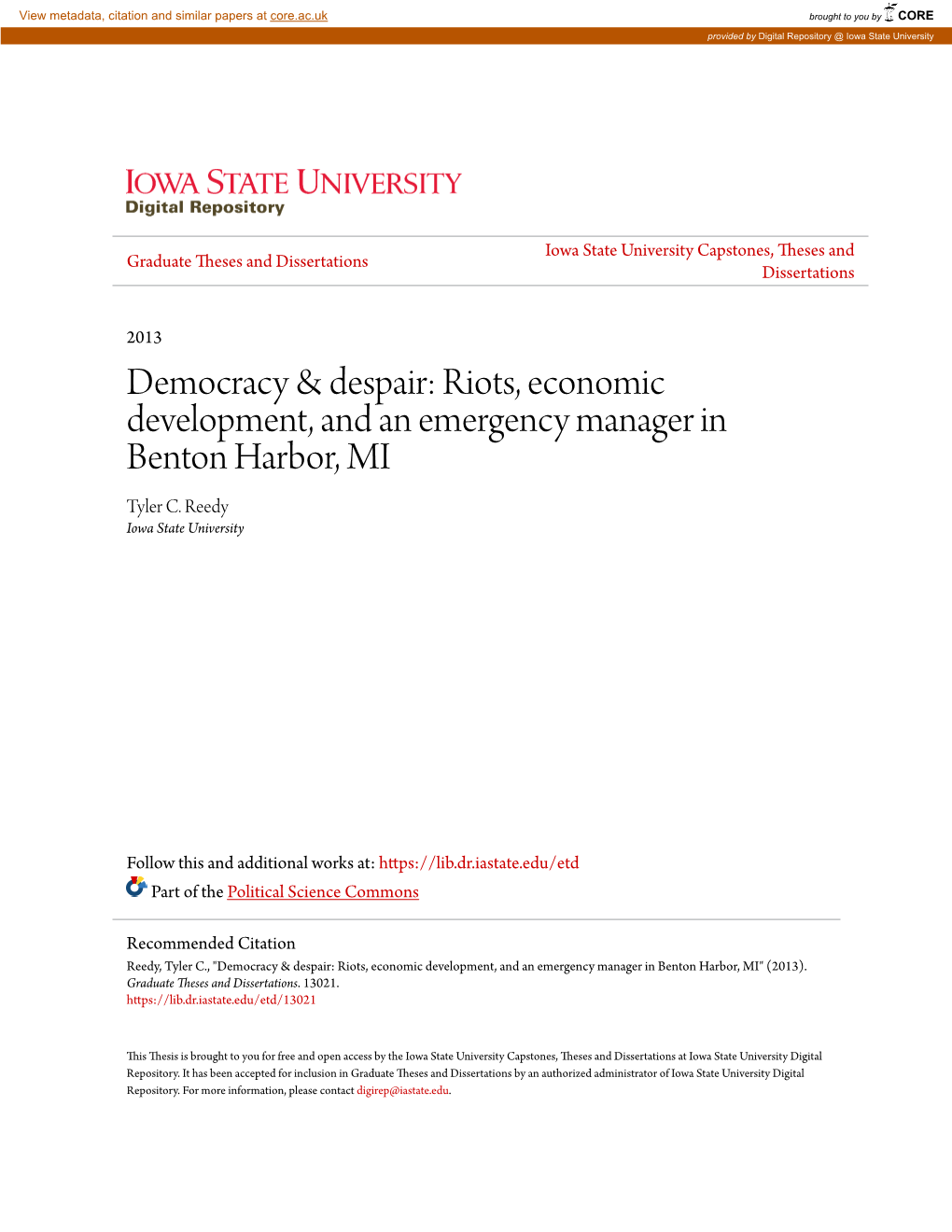 Riots, Economic Development, and an Emergency Manager in Benton Harbor, MI Tyler C