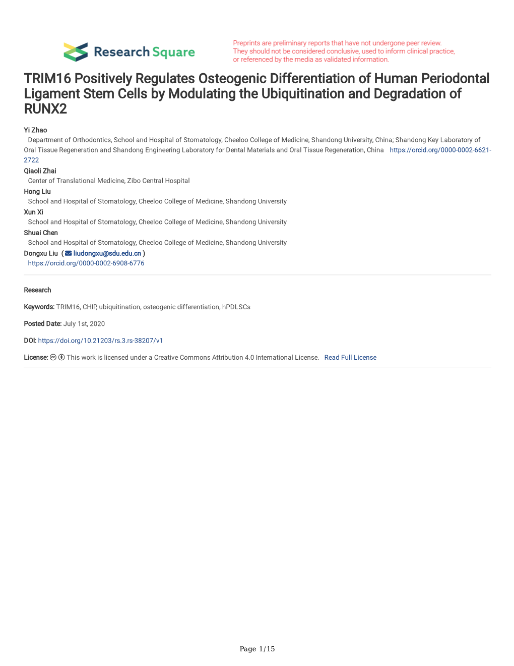 TRIM16 Positively Regulates Osteogenic Differentiation of Human Periodontal Ligament Stem Cells by Modulating the Ubiquitination and Degradation of RUNX2