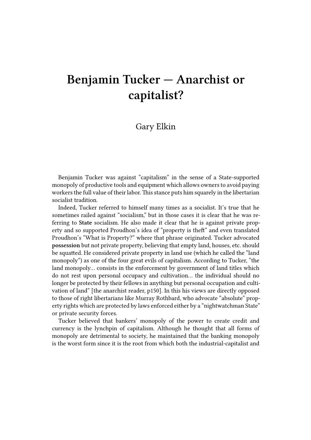 Benjamin Tucker — Anarchist Or Capitalist?