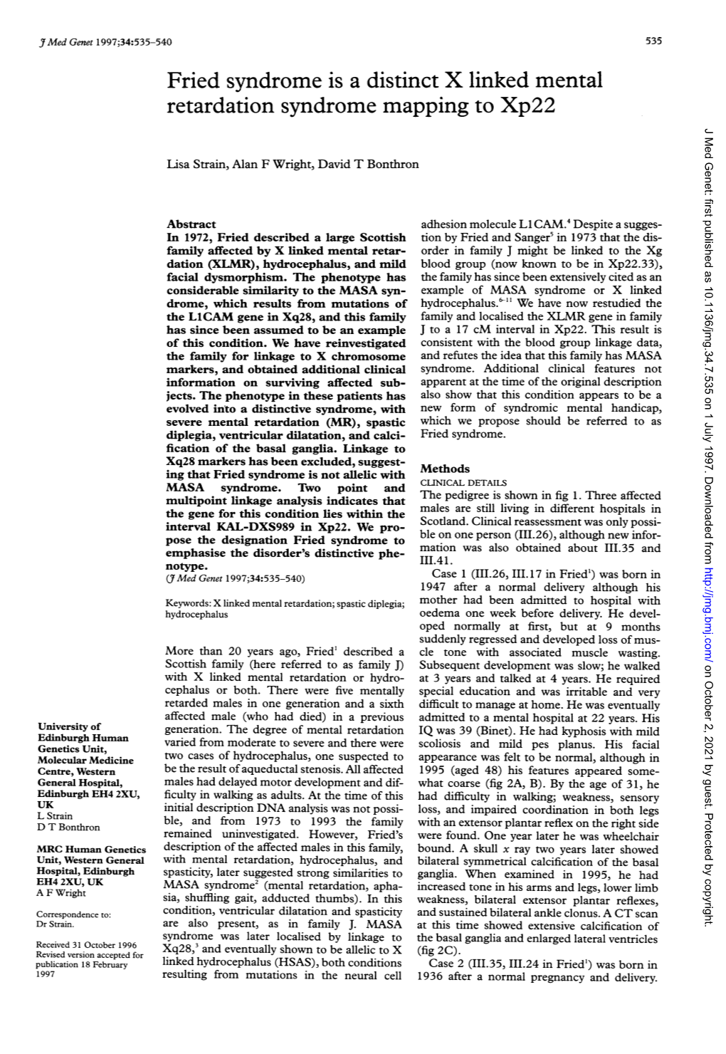 Retardation Syndrome Mapping to Xp22 J Med Genet: First Published As 10.1136/Jmg.34.7.535 on 1 July 1997