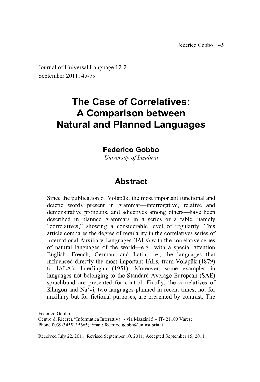 The Case of Correlatives: a Comparison Between Natural and Planned Languages